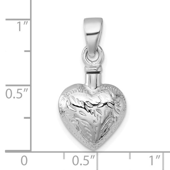 Sterling silver heart with leaf ash holder urn pendant designed to hold a small portion of ashes. A timeless memorial necklace for remembrance and comfort.