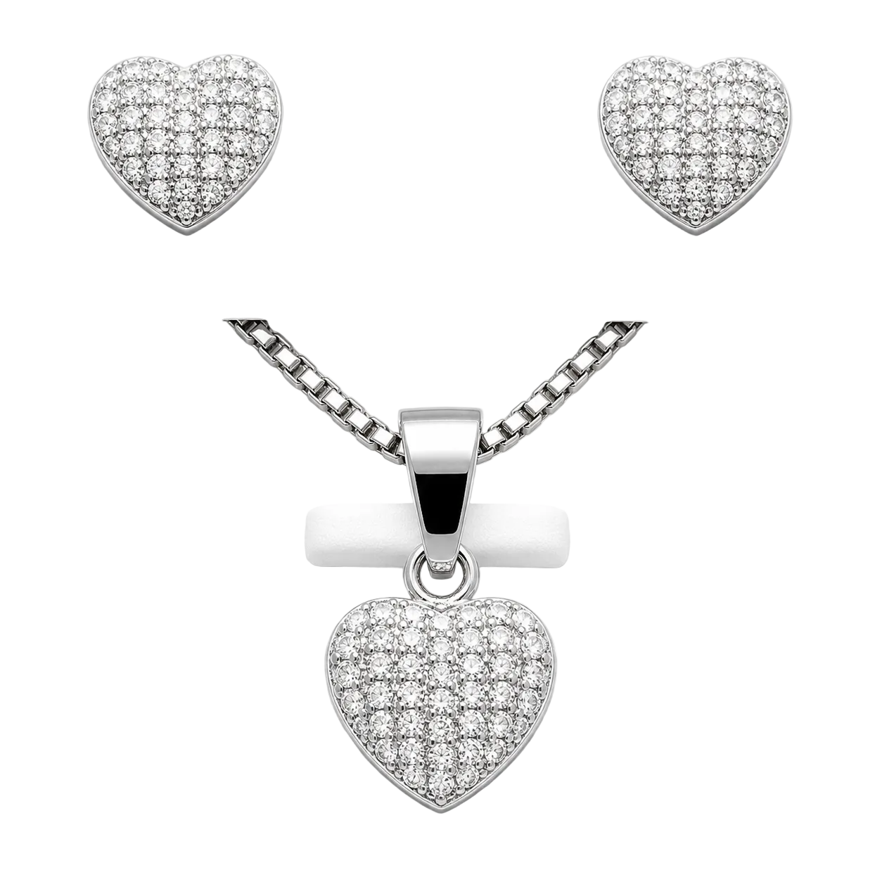 Silver and moissanite heart earrings and pendant jewelry set featuring elegant matching silver pendant and heart-shaped earrings.