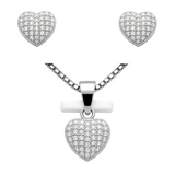 Silver and moissanite heart earrings and pendant jewelry set featuring elegant matching silver pendant and heart-shaped earrings.