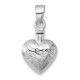 Sterling silver heart with leaf ash holder urn pendant designed to hold a small portion of ashes. A timeless memorial necklace for remembrance and comfort.