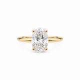 An oval-cut diamond engagement ring with a yellow gold band, set against a clean white background.