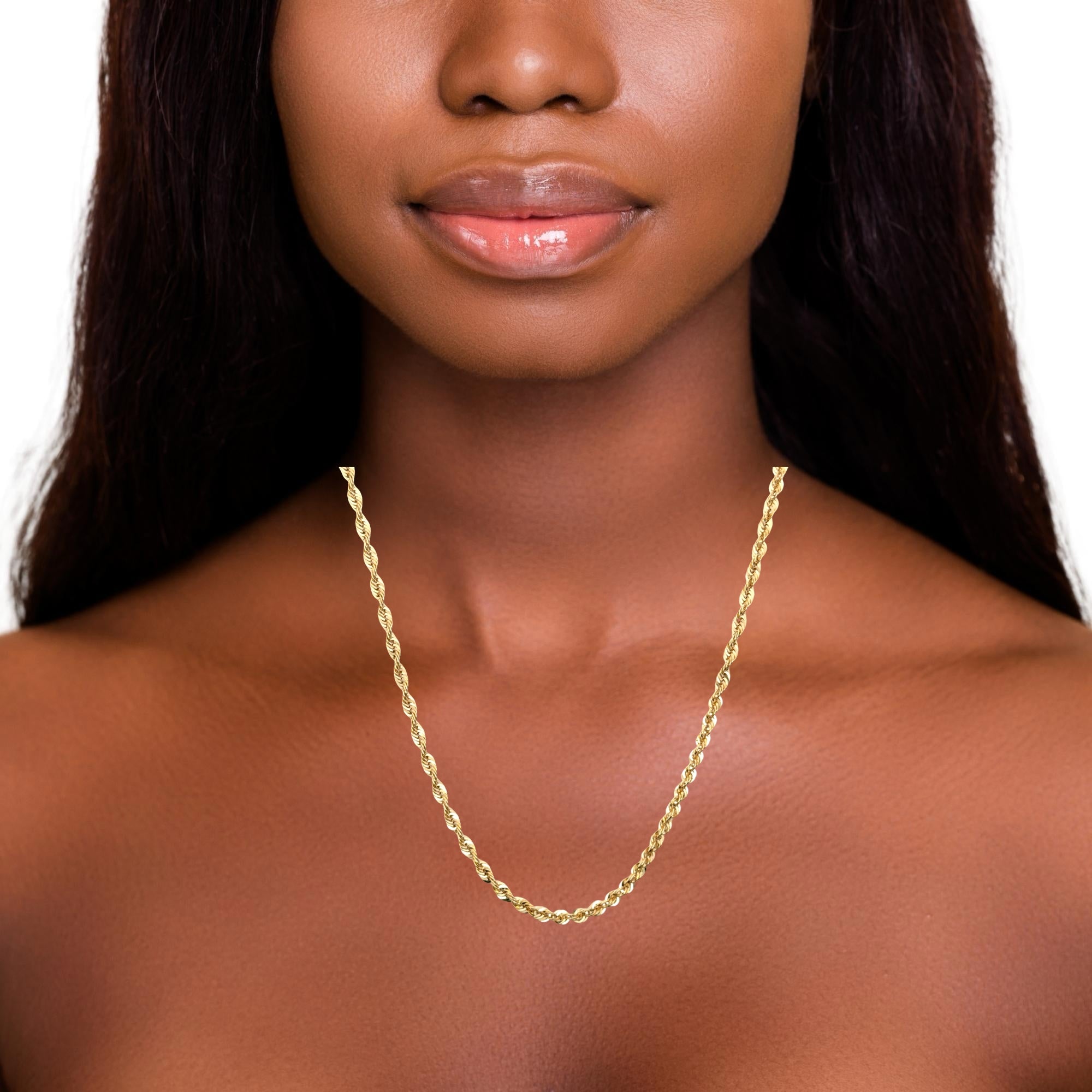 10k yellow gold hollow rope chain, 4 mm thick, showcasing the intricate link design and shiny finish.