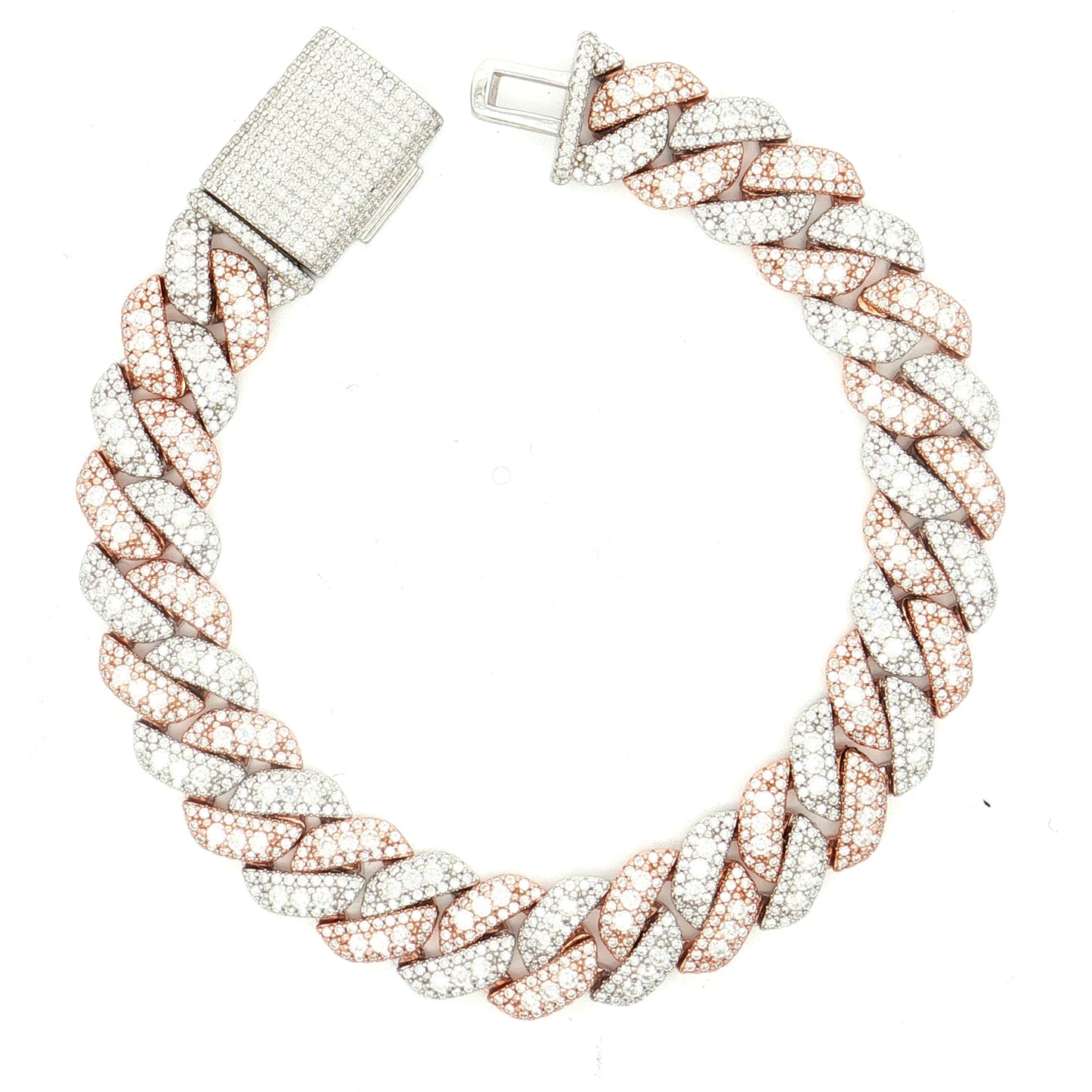 Silver moissanite iced out two tone Cuban link bracelet with fully pave set stones and box clasp by Solomon Jeweler