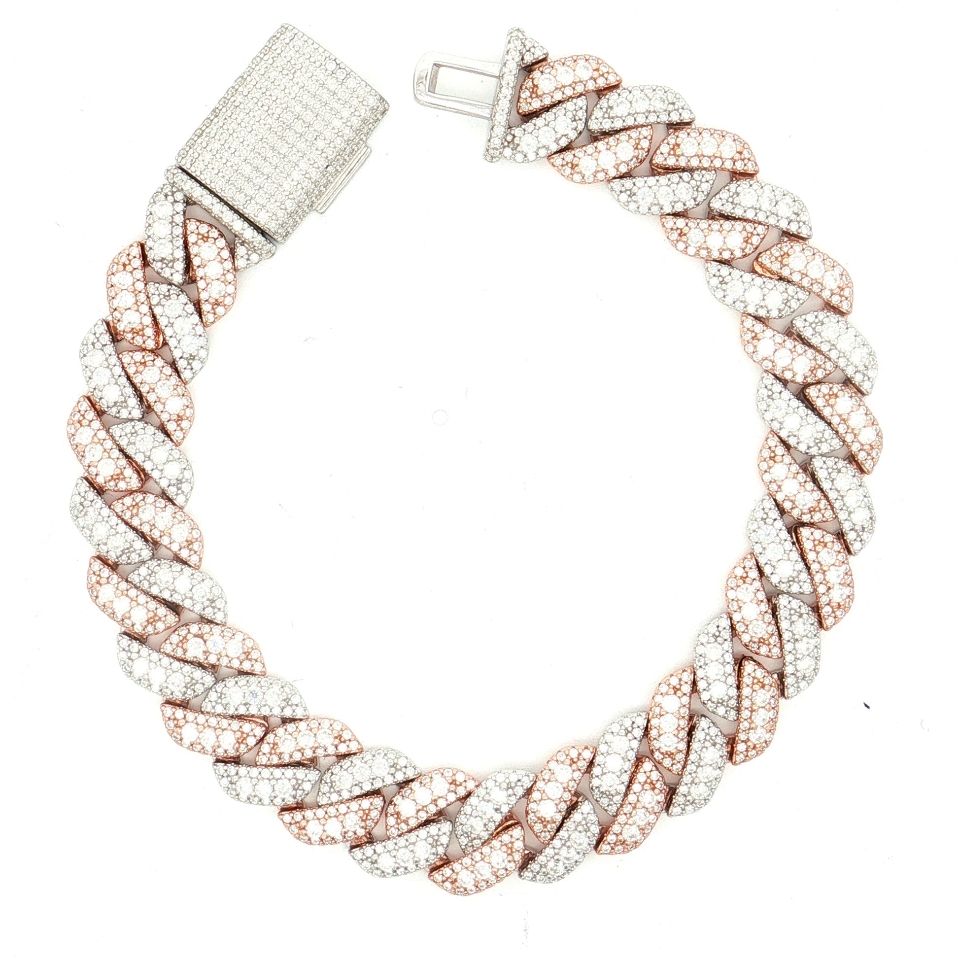 Silver moissanite iced out two tone Cuban link bracelet with fully pave set stones and box clasp by Solomon Jeweler