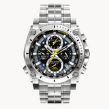 Bulova watch with a sleek design, featuring a stainless steel band and round face, displayed on a white background.