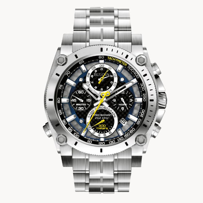Bulova watch with a sleek design, featuring a stainless steel band and round face, displayed on a white background.