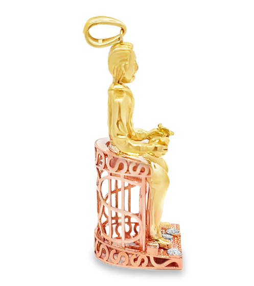 10K gold Jesús Malverde pendant featuring detailed religious iconography, crafted by Solomon Jewelers.