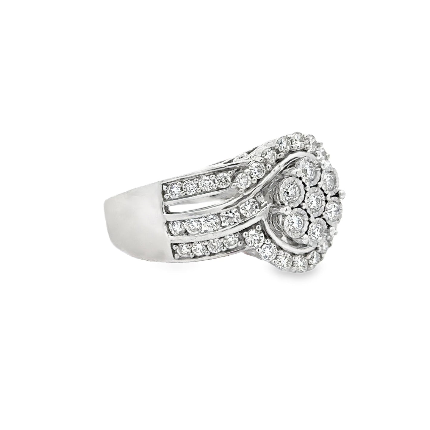 Sterling silver lab diamond halo ring with split shank design by Solomon Jeweler