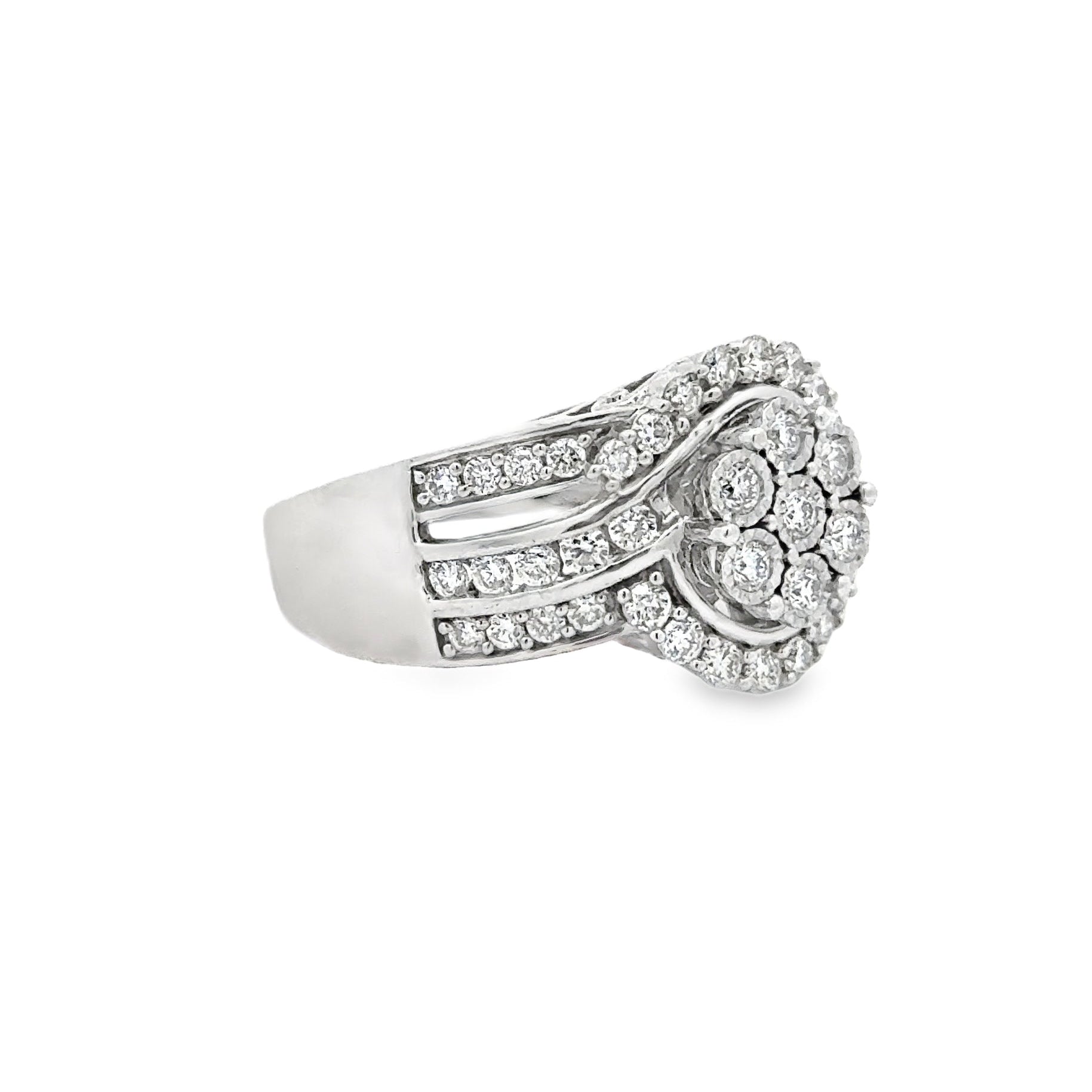 Sterling silver lab diamond halo ring with split shank design by Solomon Jeweler