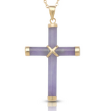 A gold cross pendant necklace featuring a lavender purple inlay with gold accents on a white background.