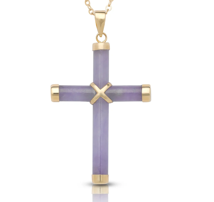 A gold cross pendant necklace featuring a lavender purple inlay with gold accents on a white background.
