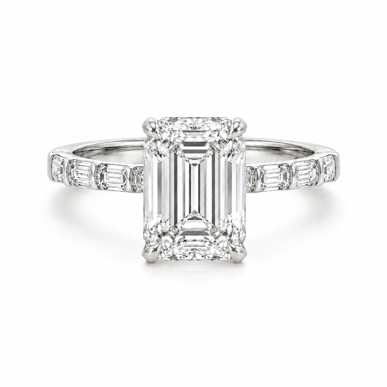 Emerald cut lab diamond engagement ring with 4.75 carats in 14k gold, featuring VS1 clarity and D color, crafted by Solomon Jewelers