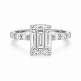 Emerald cut lab diamond engagement ring with 4.75 carats in 14k gold, featuring VS1 clarity and D color, crafted by Solomon Jewelers