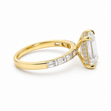 Emerald cut lab diamond engagement ring with 4.75 carats in 14k gold, featuring VS1 clarity and D color from Solomon Jewelers.
