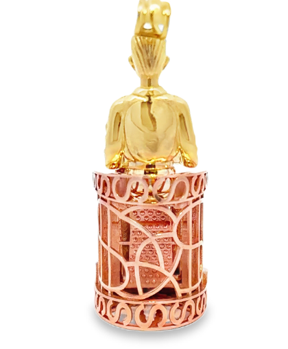 10 Karat gold Jesús Malverde pendant featuring detailed religious iconography, crafted by Solomon Jewelers.