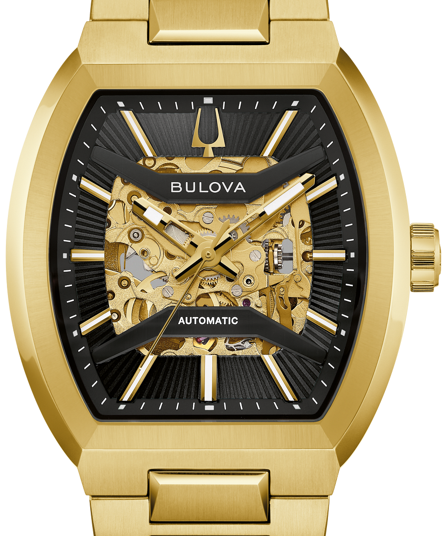 This Bulova men’s watch from the Maquina collection offers a daringly avant-garde design. The watch features a 40mm gold-tone stainless steel tonneau case with a curved sapphire crystal and a matchin
g gold-tone stainless steel bracelet. 