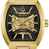 This Bulova men’s watch from the Maquina collection offers a daringly avant-garde design. The watch features a 40mm gold-tone stainless steel tonneau case with a curved sapphire crystal and a matchin
g gold-tone stainless steel bracelet. 