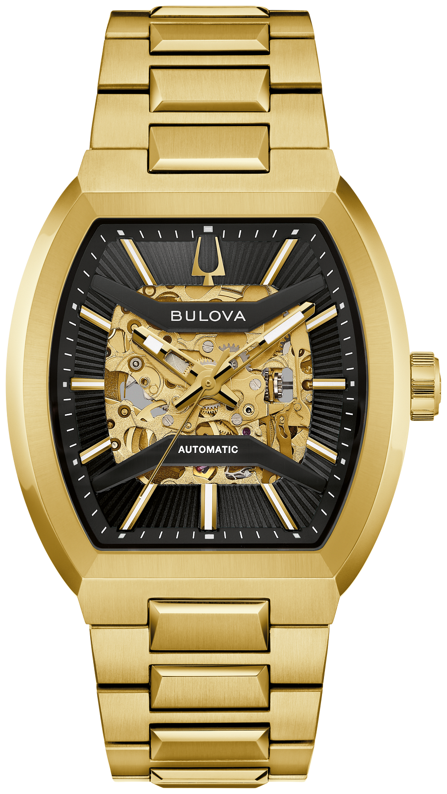 This Bulova men’s watch from the Maquina collection offers a daringly avant-garde design. The watch features a 40mm gold-tone stainless steel tonneau case with a curved sapphire crystal and a matchin
g gold-tone stainless steel bracelet. 