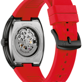 This Bulova men’s watch from the Maquina collection offers a daringly avant-garde design. The watch features a 40mm black-tone stainless steel tonneau case with a curved sapphire crystal and a bold red HNBR rubber strap.