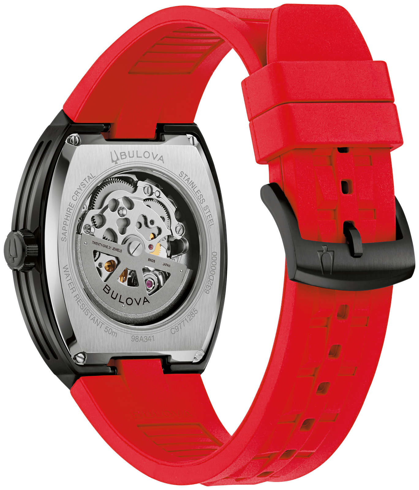 This Bulova men’s watch from the Maquina collection offers a daringly avant-garde design. The watch features a 40mm black-tone stainless steel tonneau case with a curved sapphire crystal and a bold red HNBR rubber strap.