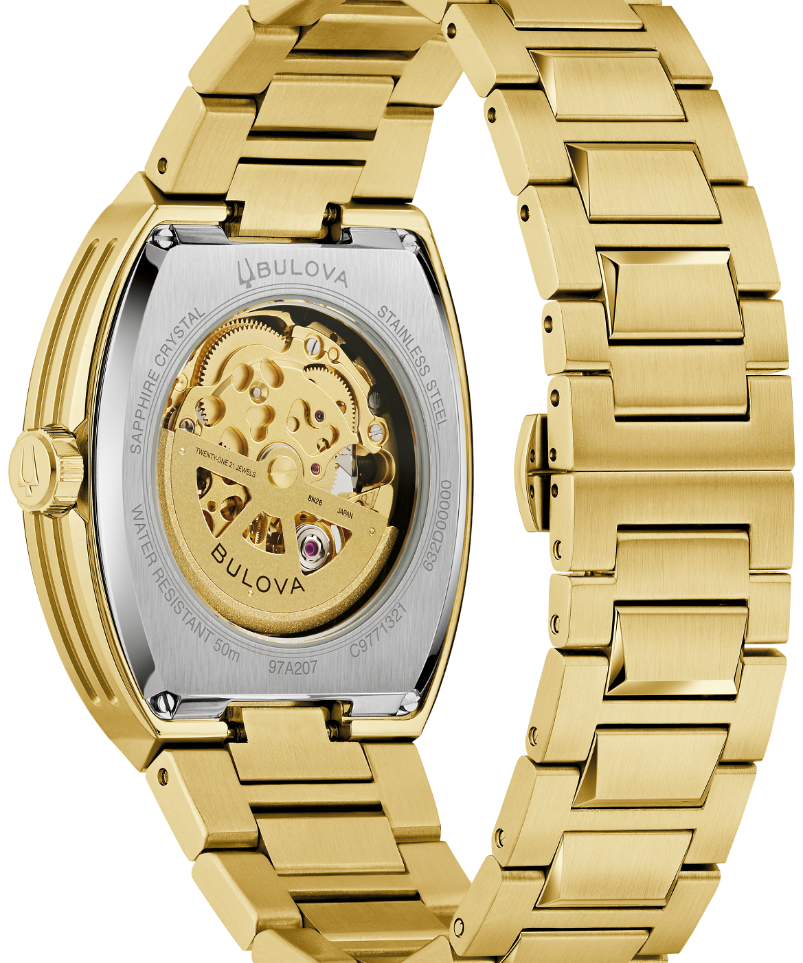This Bulova men’s watch from the Maquina collection offers a daringly avant-garde design. The watch features a 40mm gold-tone stainless steel tonneau case with a curved sapphire crystal and a matchin
g gold-tone stainless steel bracelet. 