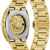 This Bulova men’s watch from the Maquina collection offers a daringly avant-garde design. The watch features a 40mm gold-tone stainless steel tonneau case with a curved sapphire crystal and a matchin
g gold-tone stainless steel bracelet. 
