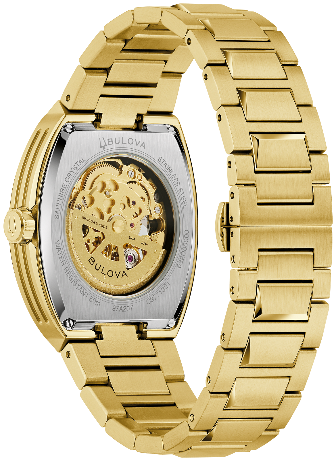 This Bulova men’s watch from the Maquina collection offers a daringly avant-garde design. The watch features a 40mm gold-tone stainless steel tonneau case with a curved sapphire crystal and a matchin
g gold-tone stainless steel bracelet. 