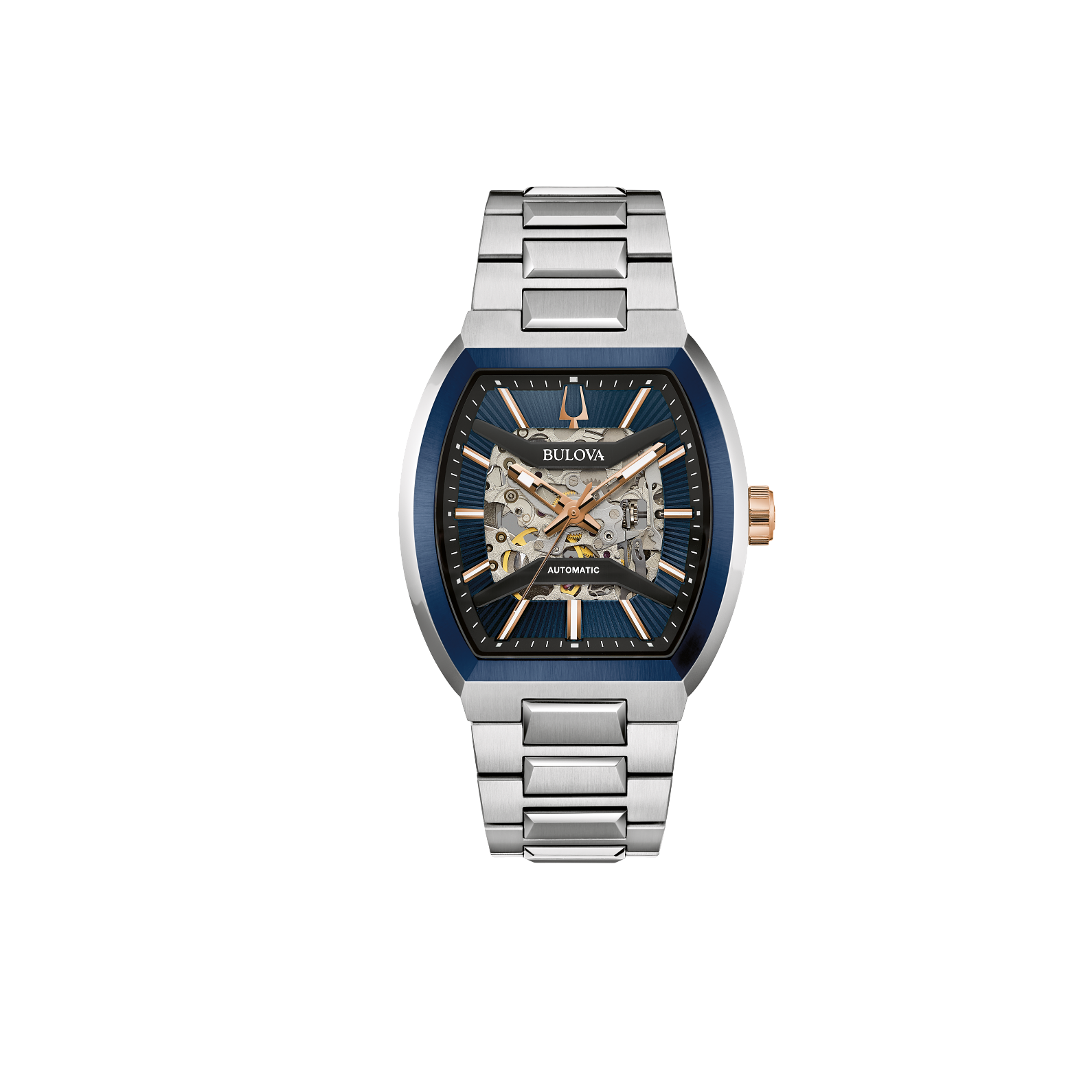 This Bulova men’s watch from the Maquina collection offers daringly avant-garde design
