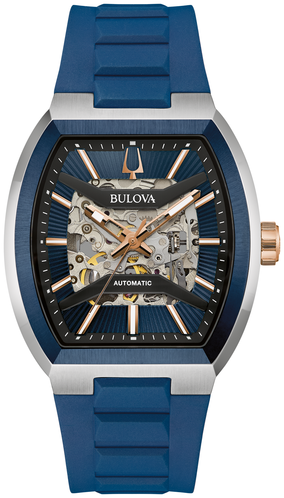 Bulova automatic watch with a blue silicone strap, brushed stainless steel case, and a skeleton dial showing the inner mechanical movement.