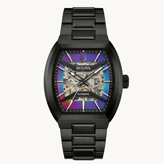 This Bulova rainbow-colored patterned dial men’s watch from the Maquina collection offers a uniquely individual expression of style.