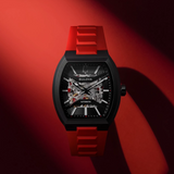 This Bulova men’s watch from the Maquina collection offers a daringly avant-garde design. The watch features a 40mm black-tone stainless steel tonneau case with a curved sapphire crystal and a bold red HNBR rubber strap.
