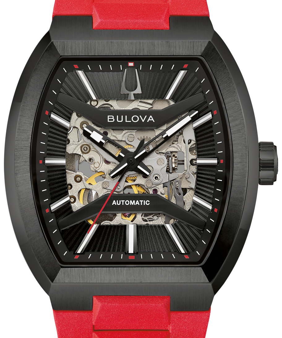 This Bulova men’s watch from the Maquina collection offers a daringly avant-garde design. The watch features a 40mm black-tone stainless steel tonneau case with a curved sapphire crystal and a bold red HNBR rubber strap.
