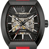 This Bulova men’s watch from the Maquina collection offers a daringly avant-garde design. The watch features a 40mm black-tone stainless steel tonneau case with a curved sapphire crystal and a bold red HNBR rubber strap.