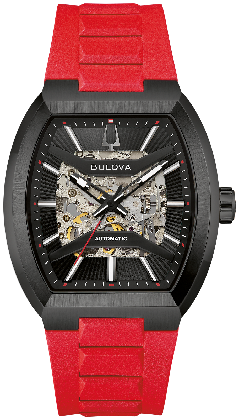 This Bulova men’s watch from the Maquina collection offers a daringly avant-garde design. The watch features a 40mm black-tone stainless steel tonneau case with a curved sapphire crystal and a bold red HNBR rubber strap.