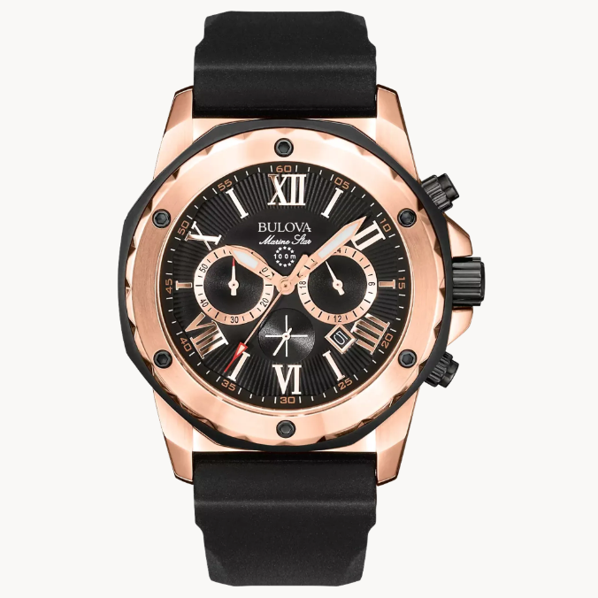 High-performance chronograph in stainless steel with black and rose-gold ion-plated finish.