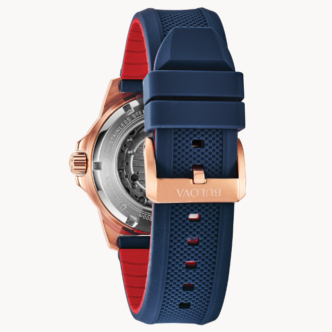 Blue textured silicone strap with a contrasting red underside.