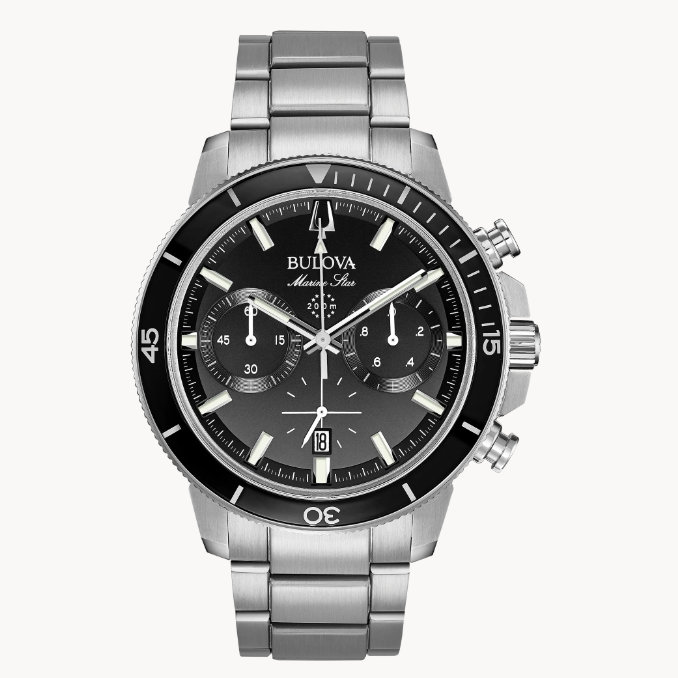 Marine Star New six-hand chronograph movement with 200-meter water resistance.