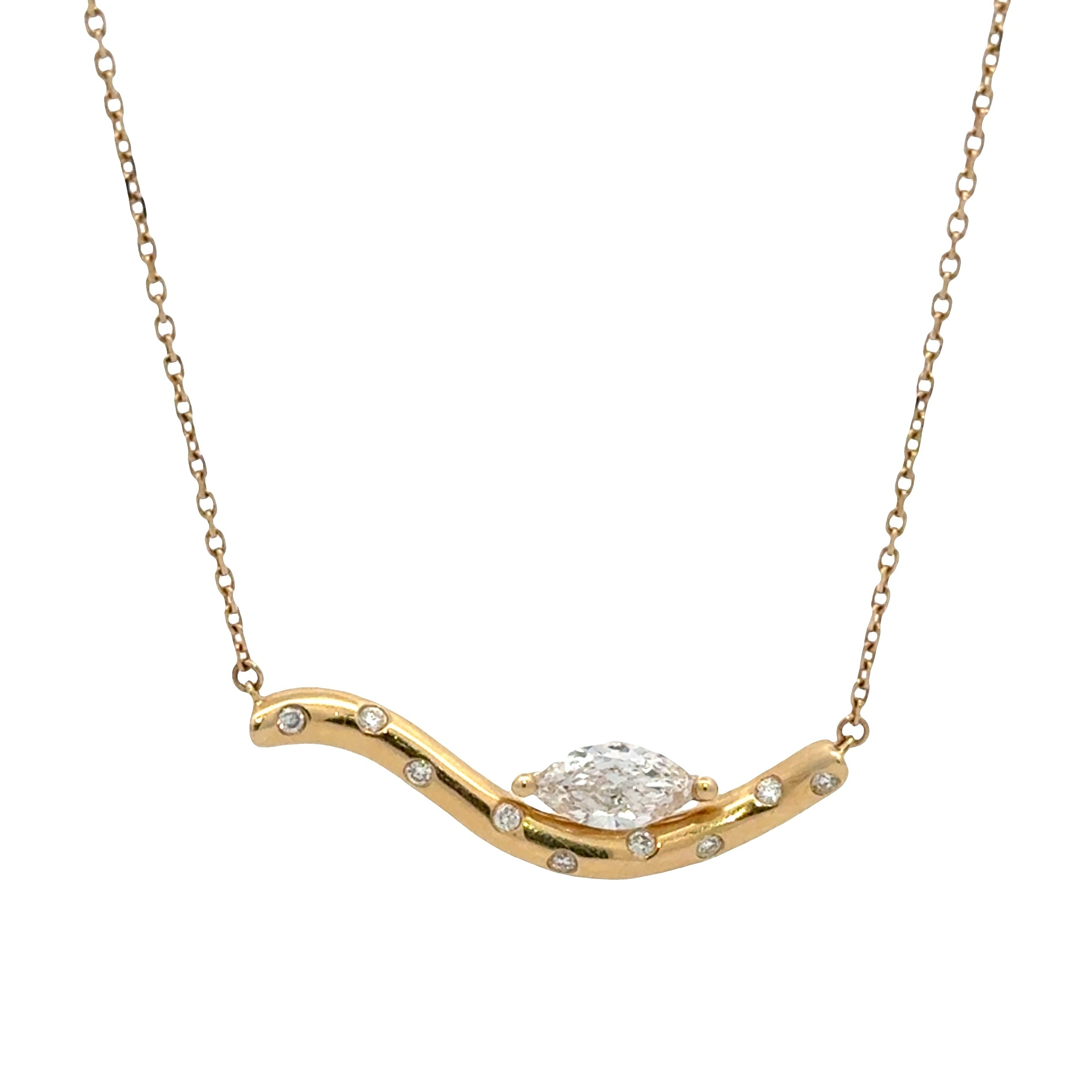 10K gold marquise diamond bar necklace with round lab diamond accents.