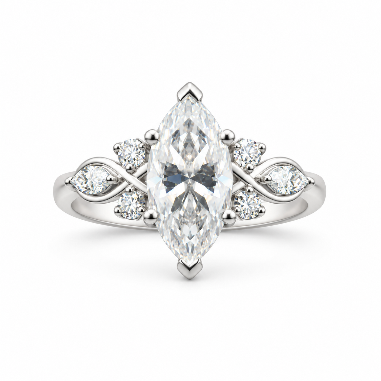 Silver ring with a marquise moissanite center, leaf-shaped side accents and four round accent stones.