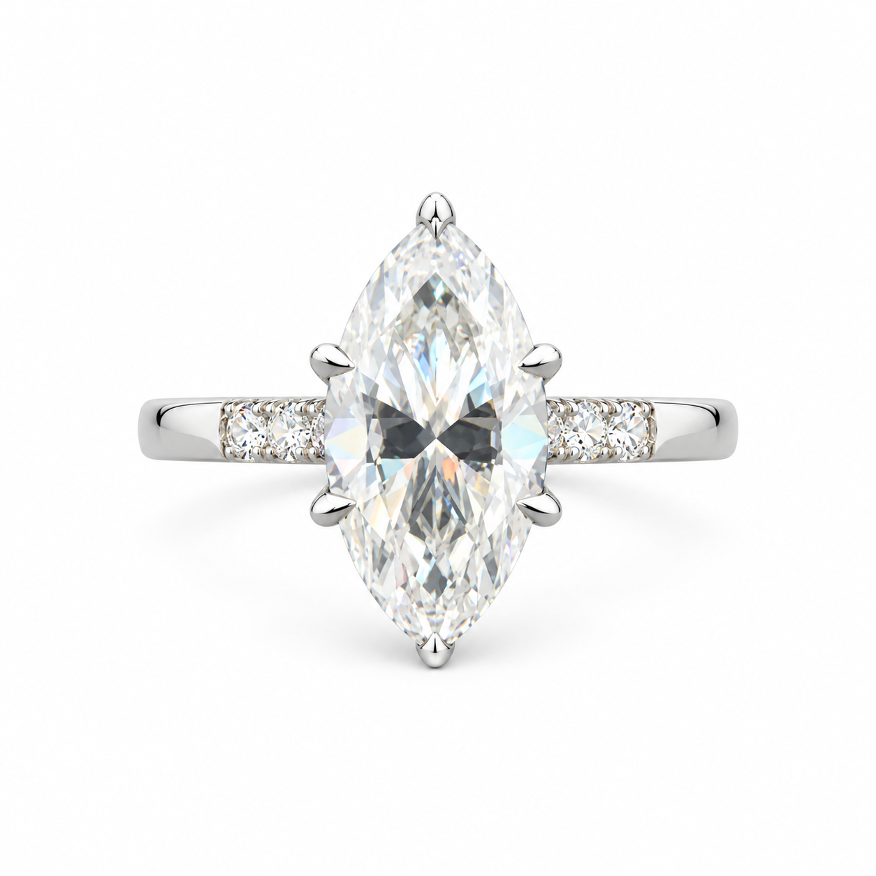 Marquise moissanite silver ring with six prongs and round sparkling shoulder accents.