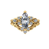 Marquise cut lab grown diamond bridal ring set in yellow gold with leaf-shaped diamond accents and a fitted contour wedding band.