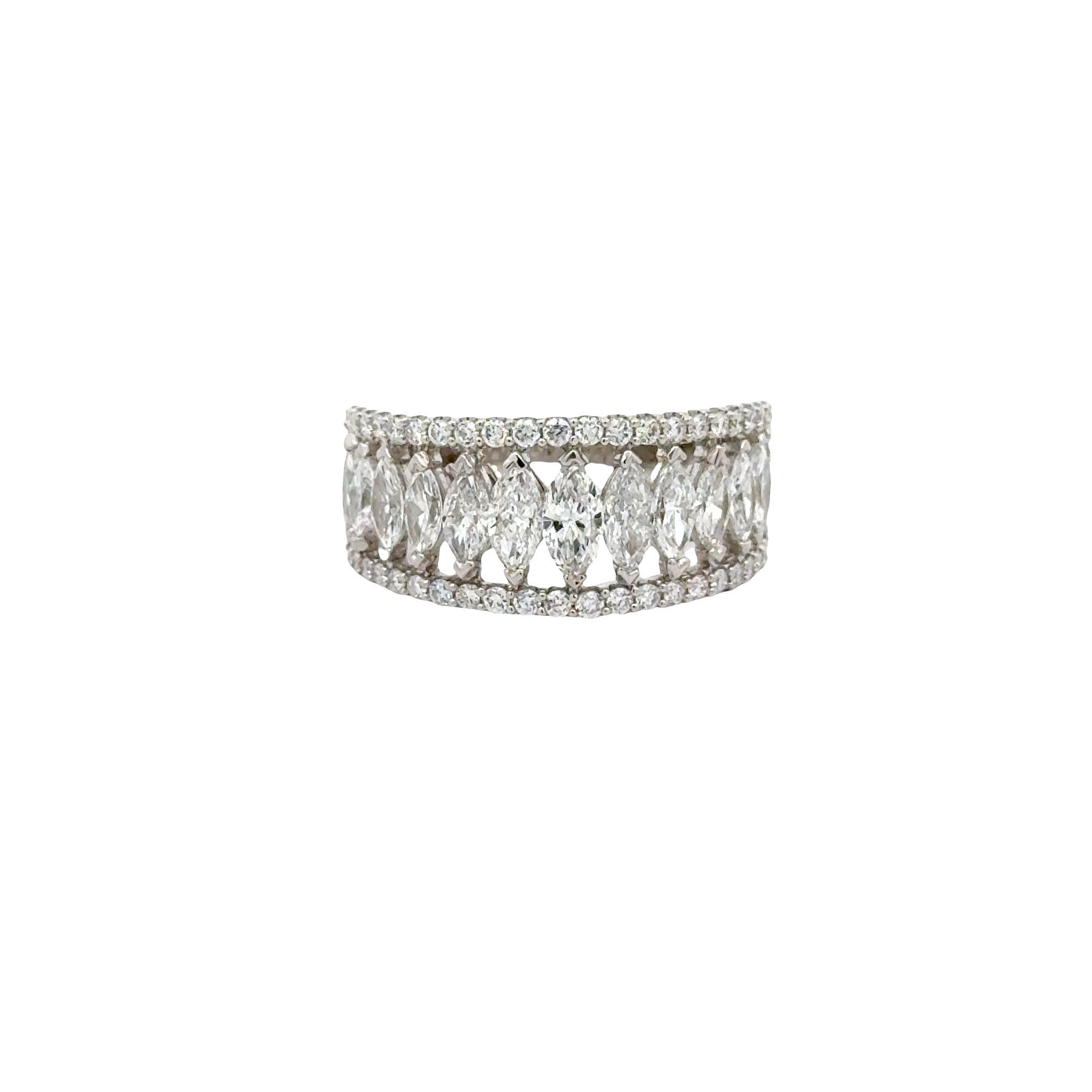 14K white gold diamond ring with marquise and round-cut lab diamonds, 2 carats total, elegant anniversary band.
