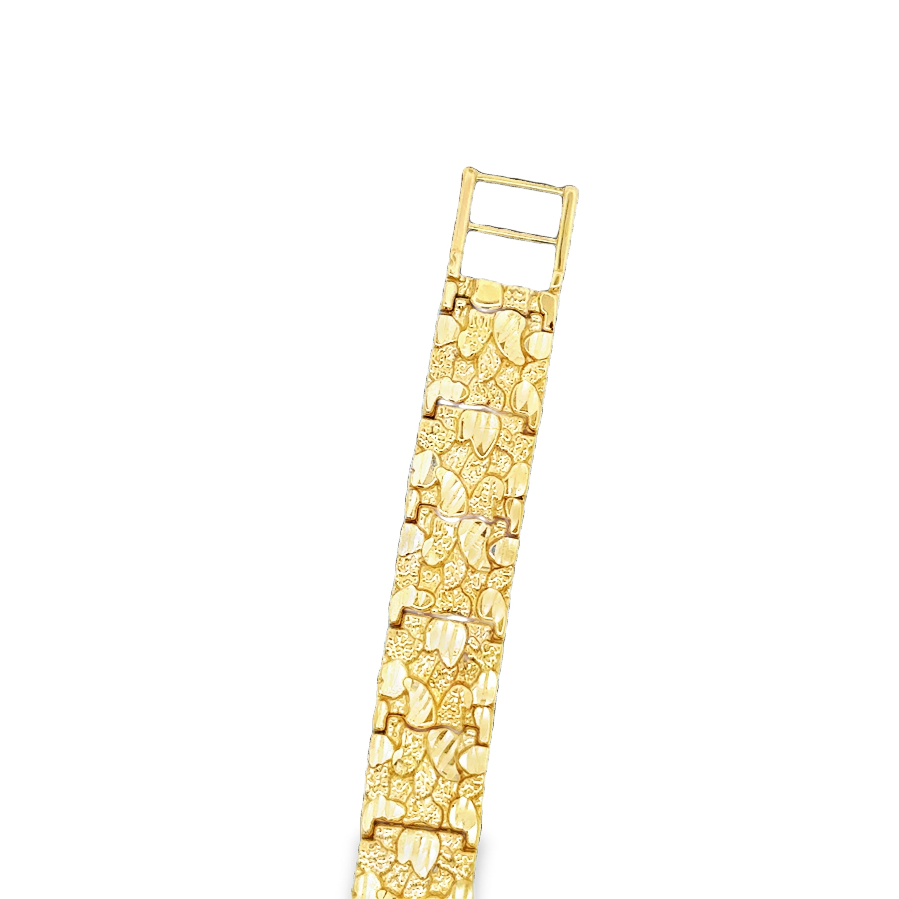 10mm men's 10K yellow gold nugget link bracelet featuring classic style and craftsmanship by Solomon Jewelers.