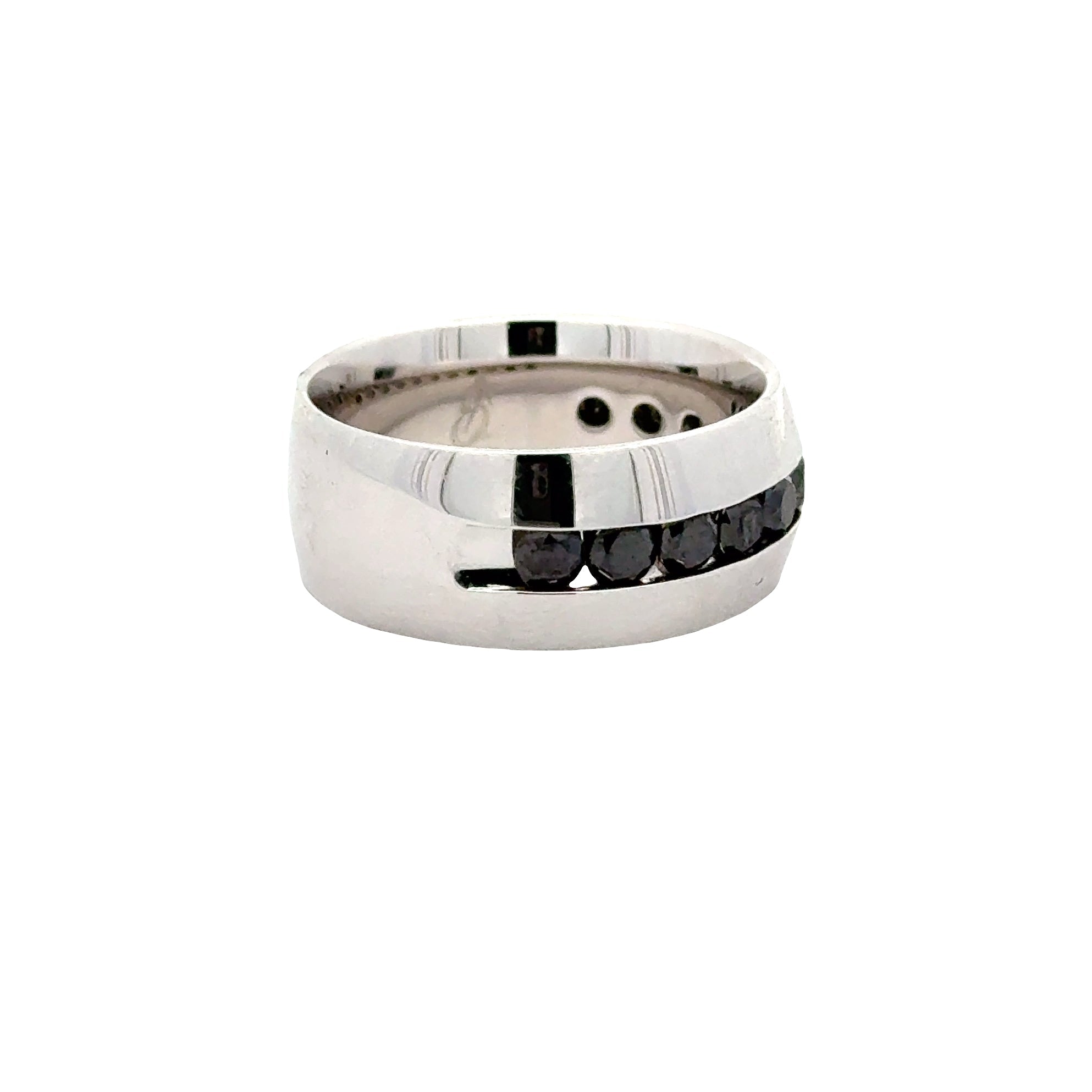 Sterling silver men's wedding band with 1.5 carats total weight black diamond accents, designed by Solomon Jewelers.