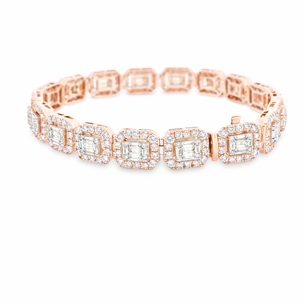 Rose Gold and diamond square link bracelet with baguette and round diamonds