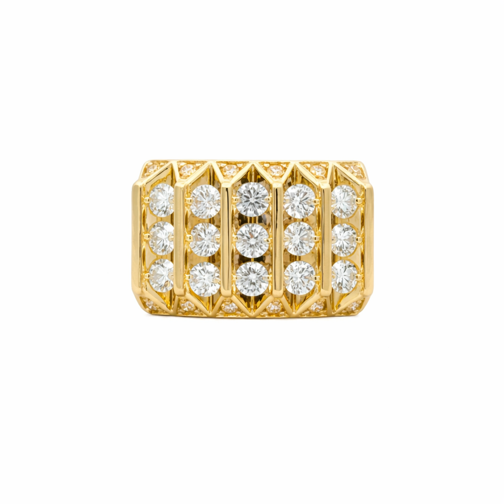 Sterling silver men's diamond ring with multiple rows and gold plating, featuring lab-grown diamonds for a luxurious look.