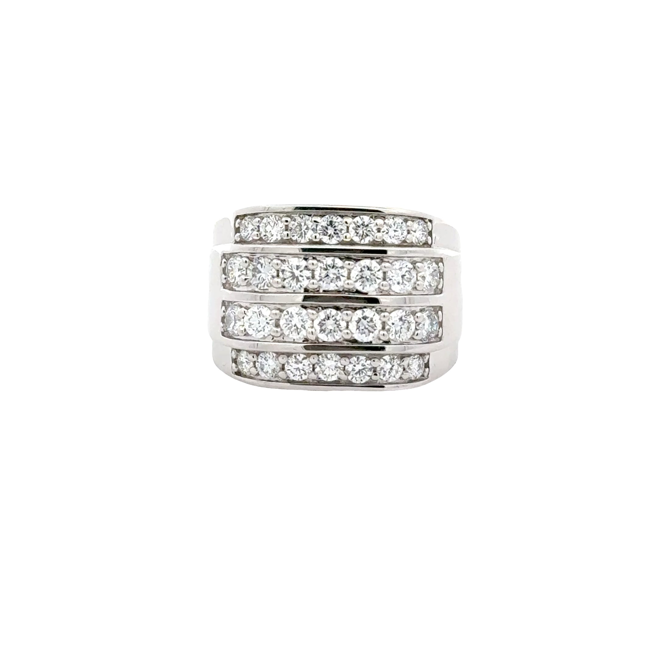 Sterling silver men's diamond ring with multiple rows of lab-grown diamonds, featuring a T.W. multi-row design by Solomon Jewelers.