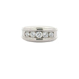 Sterling silver men's five-stone lab diamond wedding band with 1.5 carats total weight, featuring sparkling diamond accents.