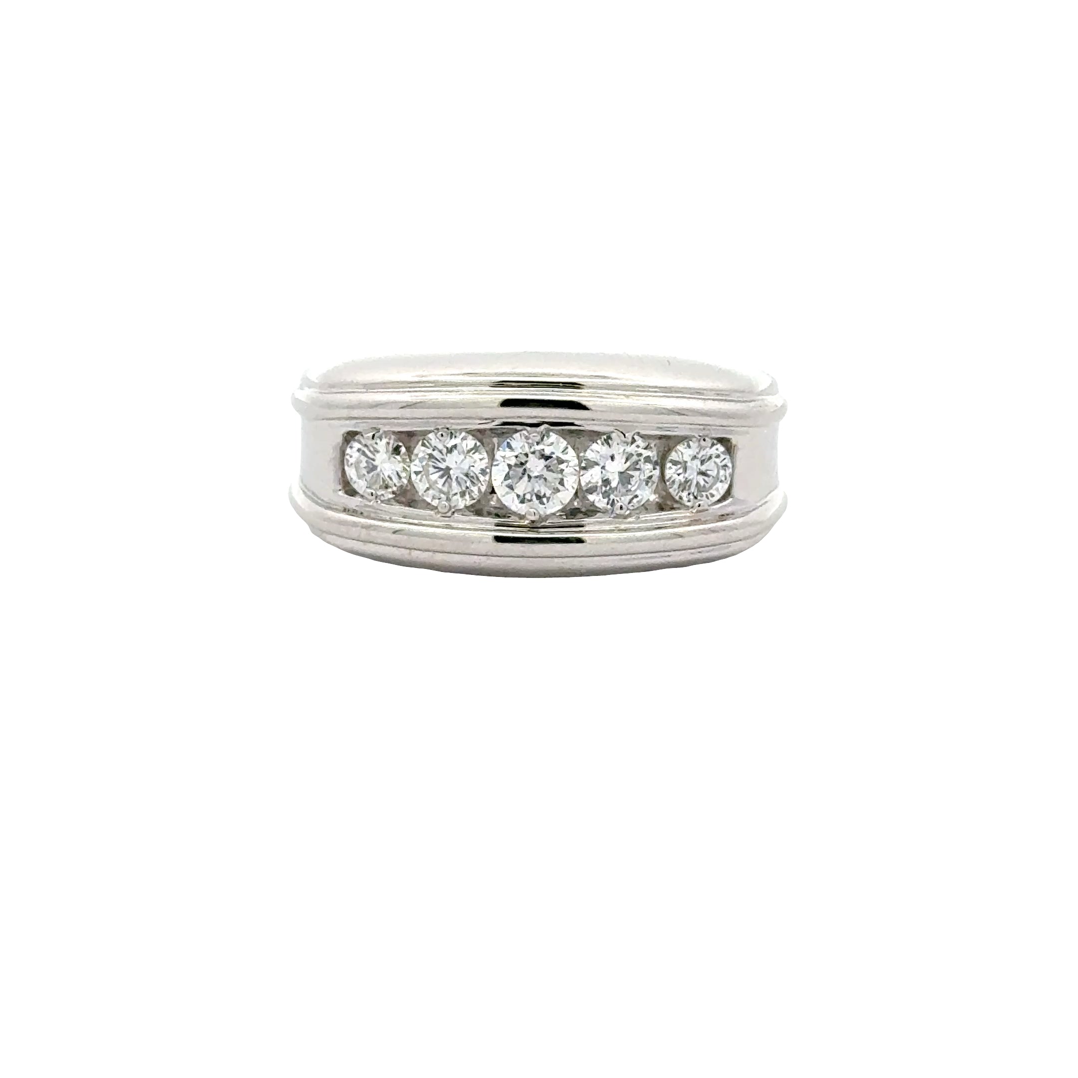 Sterling silver men's five-stone lab diamond wedding band with 1.5 carats total weight, featuring sparkling diamond accents.