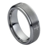 Men’s brushed gray tungsten wedding band with polished beveled edges and engraved cross accents.